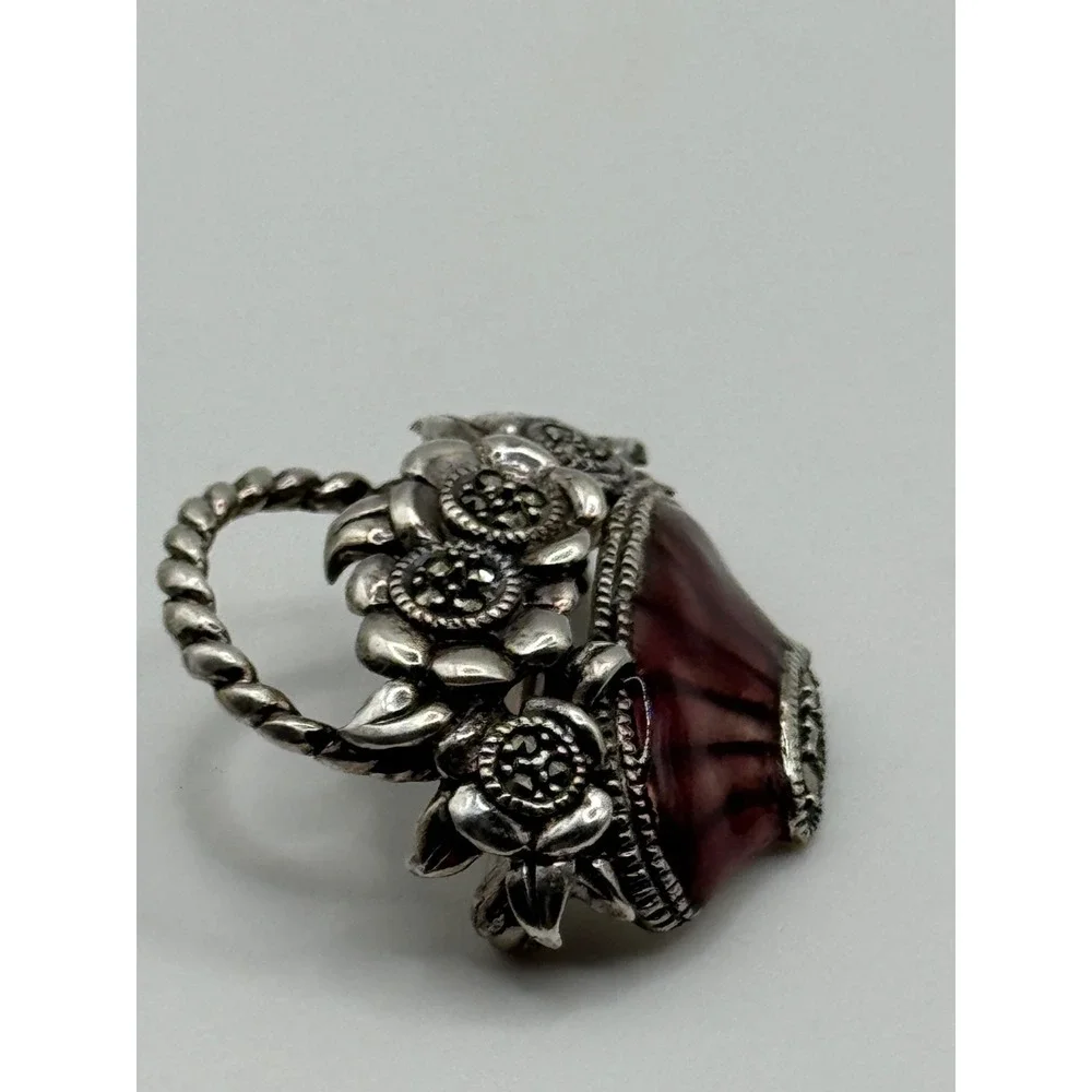 Judith Jack Sterling Silver Marcasite Enamel Flower Basket‎ Brooch Pin